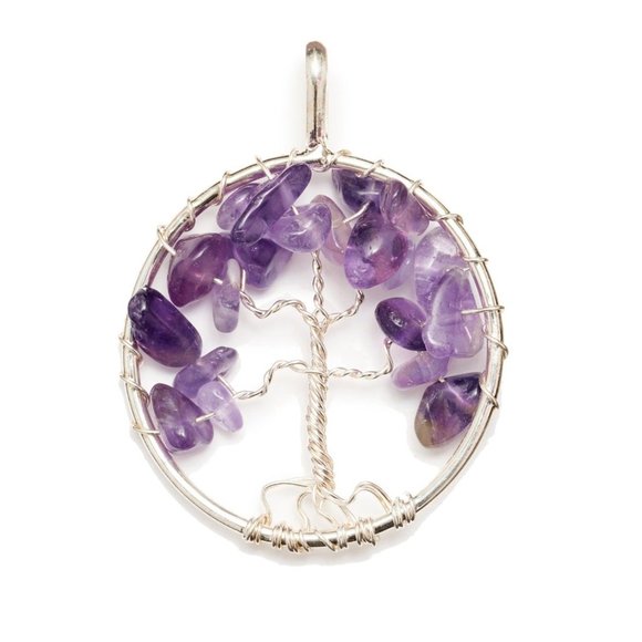 Round Silver Pendant Wire Wrapped Amethyst Tree of Life Fashion Necklace - Picture 1 of 8